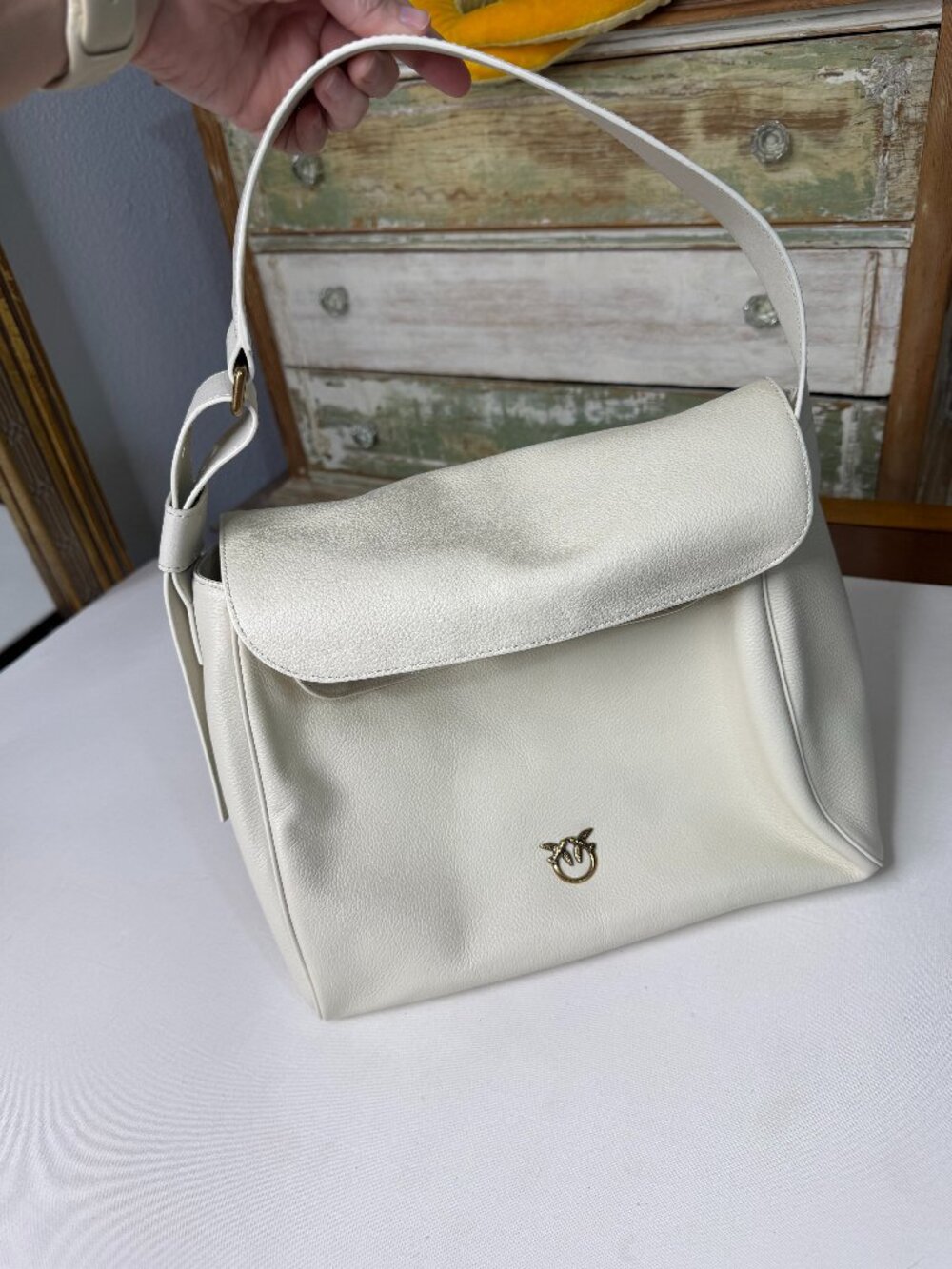 Pinko Ivory Leather Love Birds Shoulder Bag Hobo Purse Cream Gold Hardware